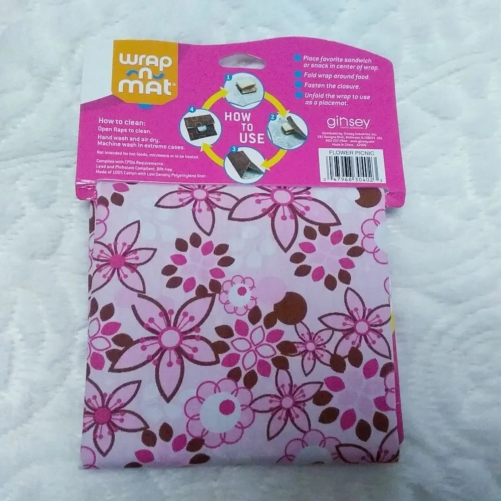 Ginsey Wrap n Mat Convertible Reusable Placemat Sandwich Wrap Pink Floral New